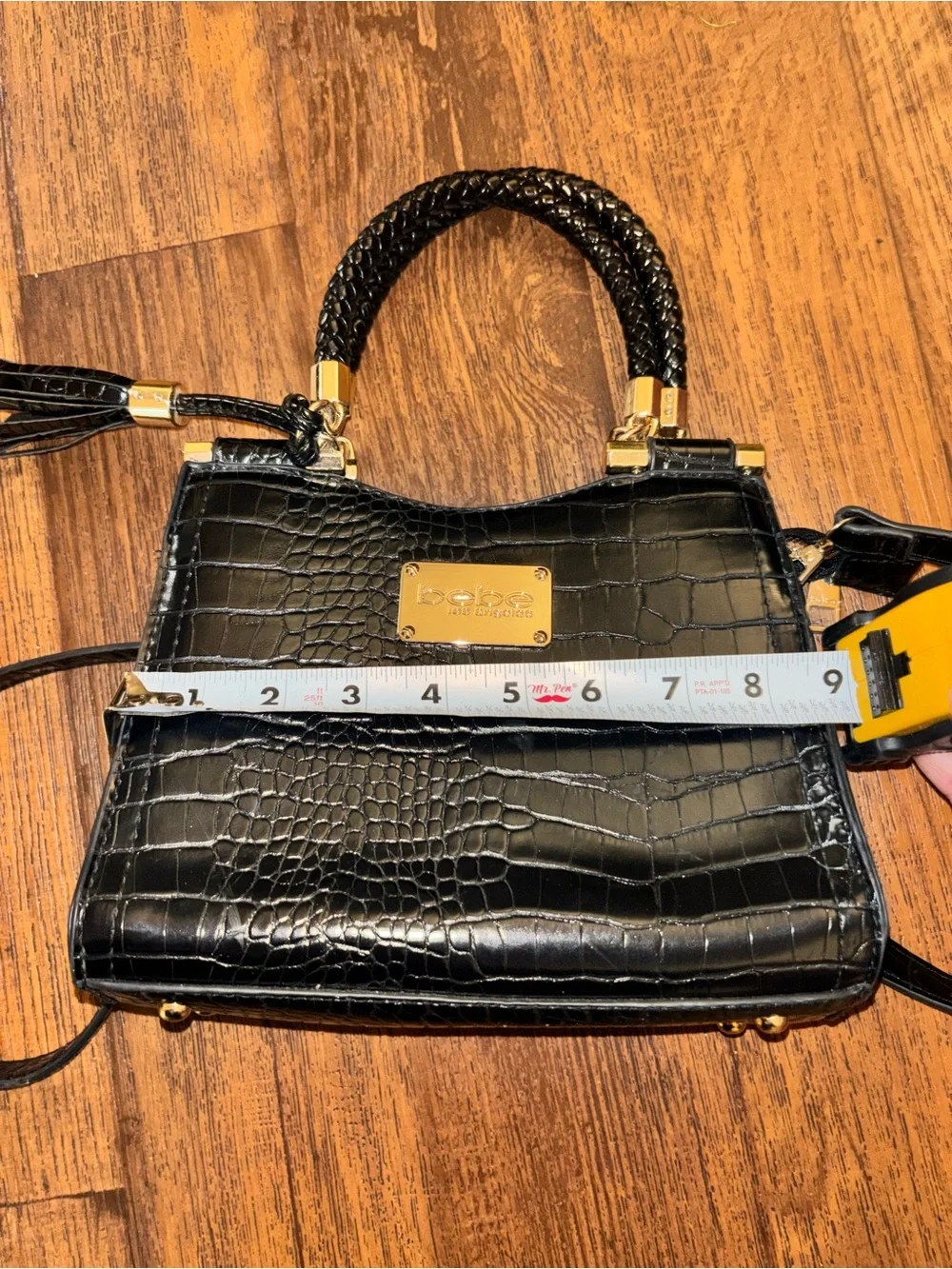 bebe Black Croc-Embossed Satchel with Gold Accents